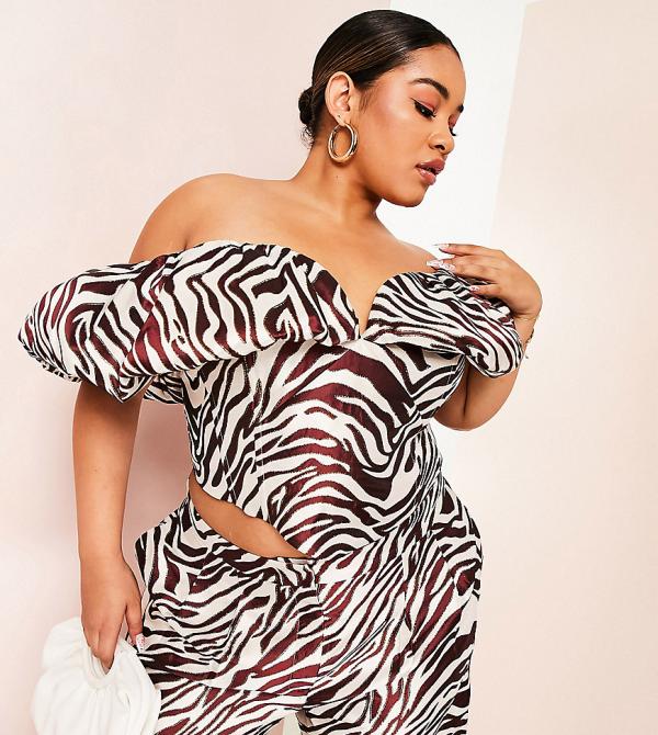 ASOS LUXE Curve off shoulder puff sleeve top in zebra jacquard (part of a set)-Multi