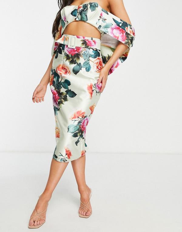ASOS LUXE satin midi pencil skirt in floral print (part of a set)-Multi