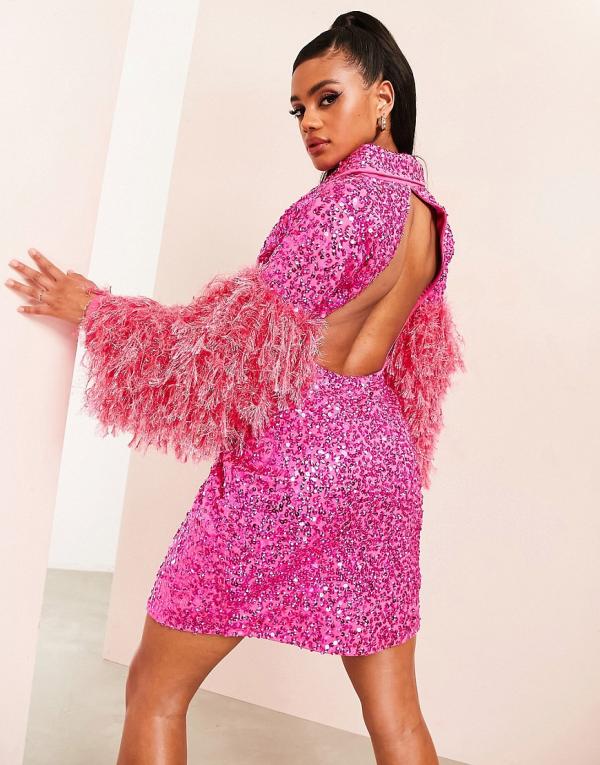 ASOS LUXE sequin blazer dress with cut out back with faux feather sleeve in pink