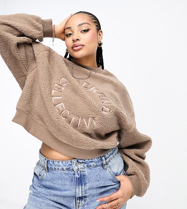 ASOS Weekend Collective Curve oversized borg sweatshirt with embroidered logo in taupe-Neutral