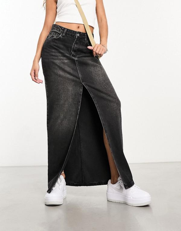 ASOS Weekend Collective denim maxi skirt with front split in washed black