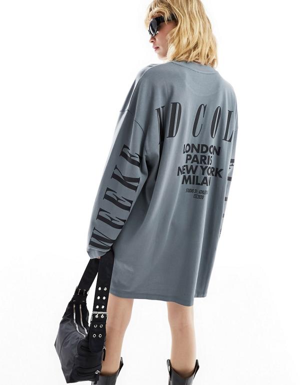 ASOS Weekend Collective oversized long sleeve t-shirt dress with back logo in charcoal wash-Grey