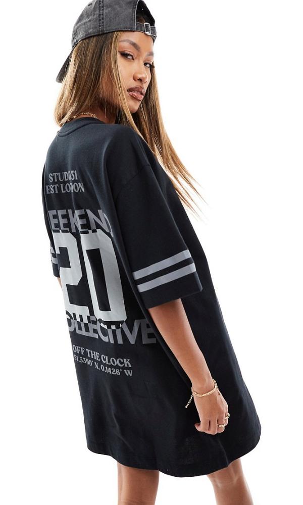 ASOS Weekend Collective oversized t-shirt dress with stacked back graphic in black