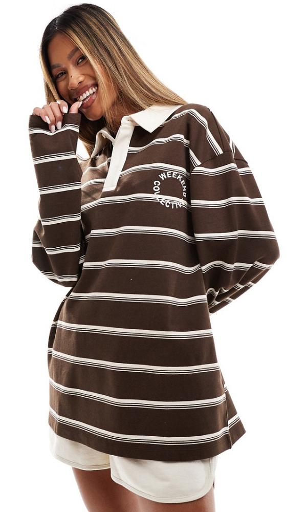 ASOS Weekend Collective stripe rugby long sleeve t-shirt in brown and white-Multi