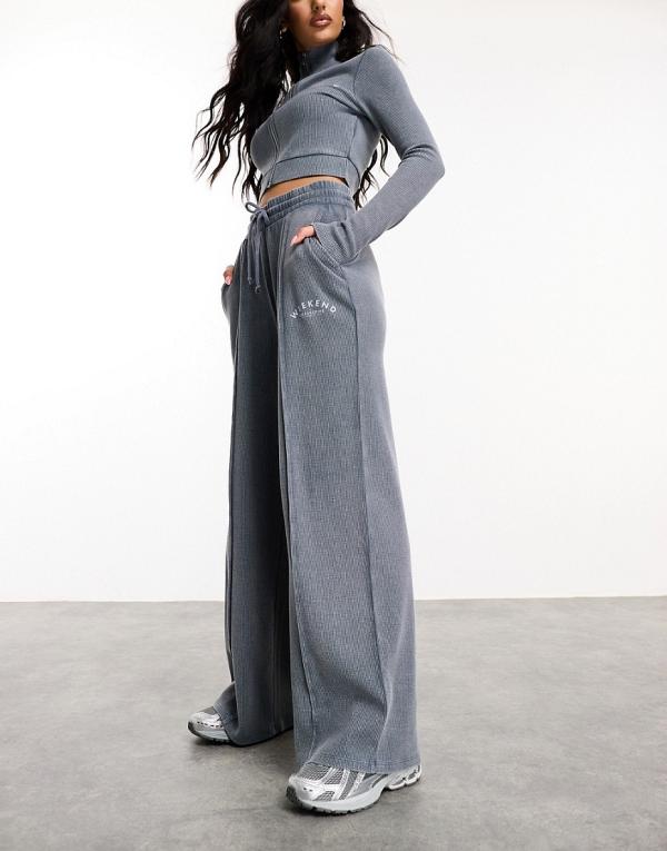 ASOS Weekend Collective waffle wide leg trackies with logo in acid washed grey (part of a set)