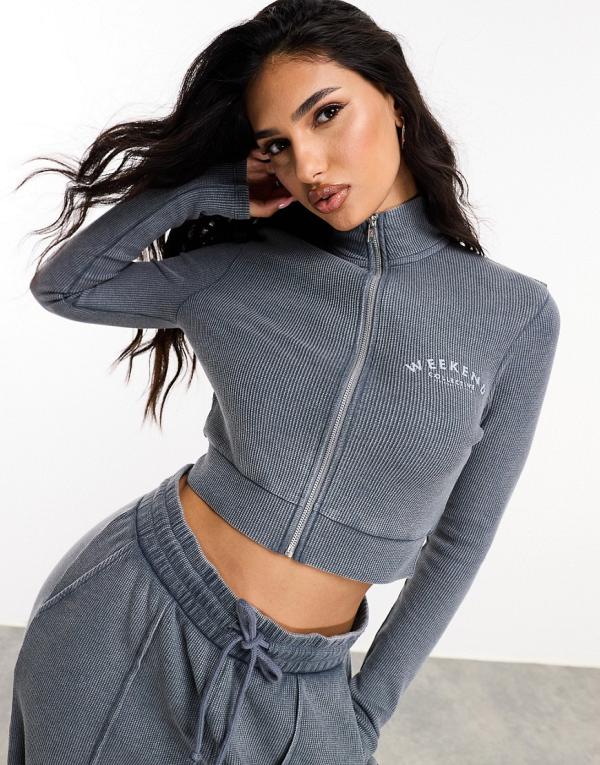 ASOS Weekend Collective waffle zip through sweatshirt with logo in acid washed grey (part of a set)