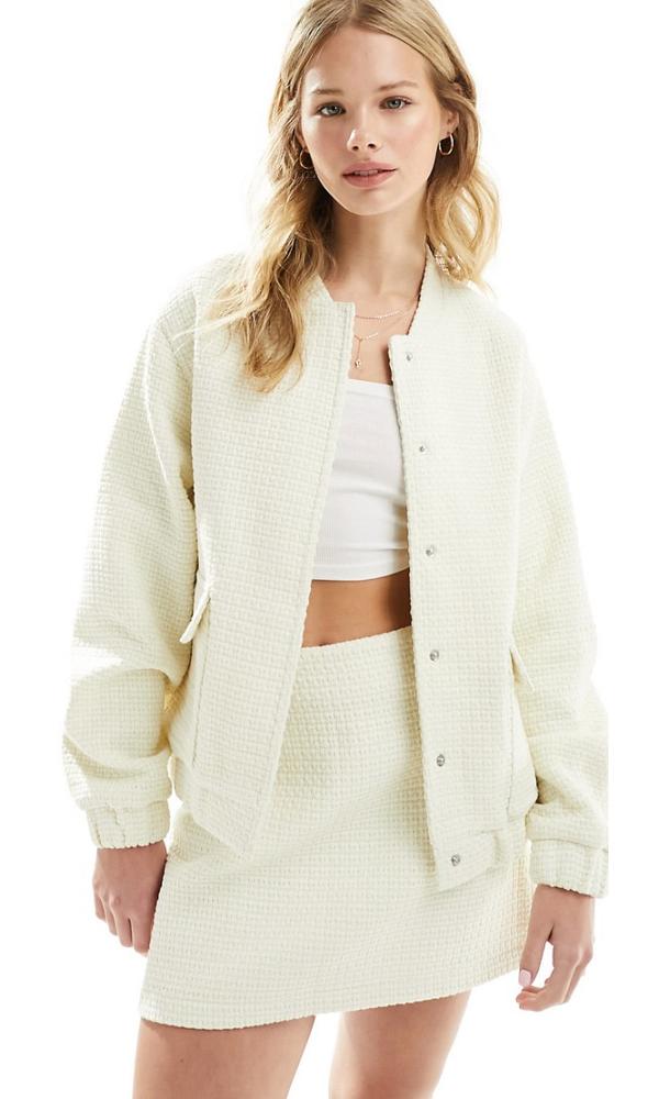 4th & Reckless crochet pocket detail bomber jacket in cream (part of a set)-White