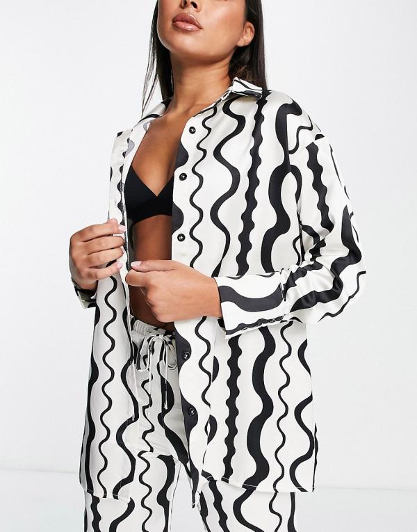 4th & Reckless Neviah long sleeve satin shirt in wave print (part of a set)-Multi
