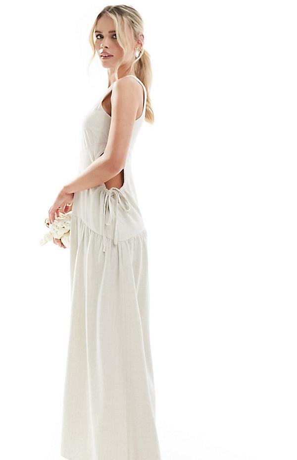 4th & Reckless Petite exclusive one shoulder dropped hem cut out maxi dress in cream-White