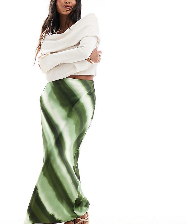 4th & Reckless Petite exclusive satin ombre stripe maxi skirt in green
