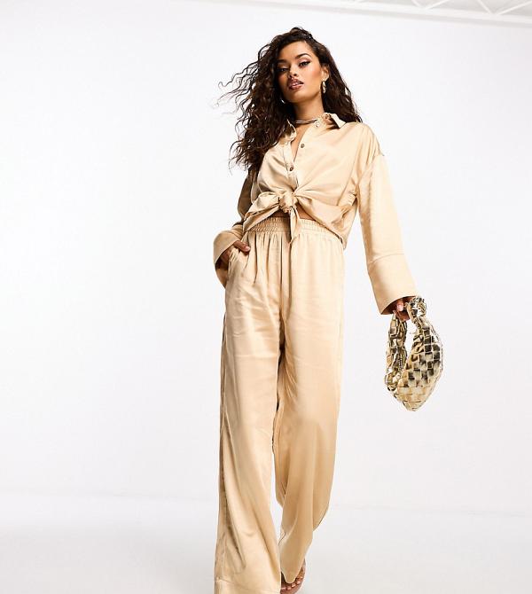 4th & Reckless Petite exclusive satin wide leg pants in camel (part of a set)-Neutral