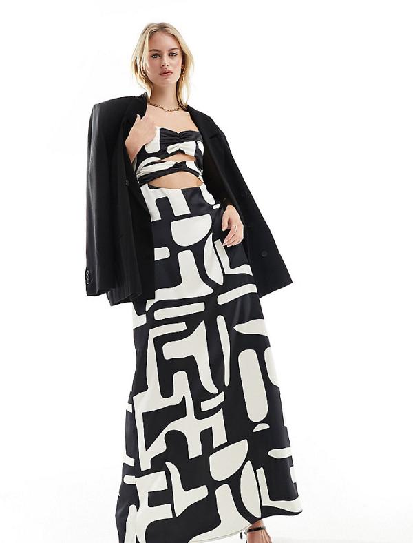 4th & Reckless Tall exclusive satin cami cut out detail maxi dress in mono print-Multi