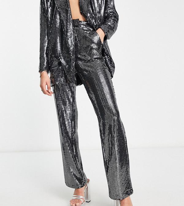 4th & Reckless Tall exclusive sequin tailored pants in silver (part of a set)