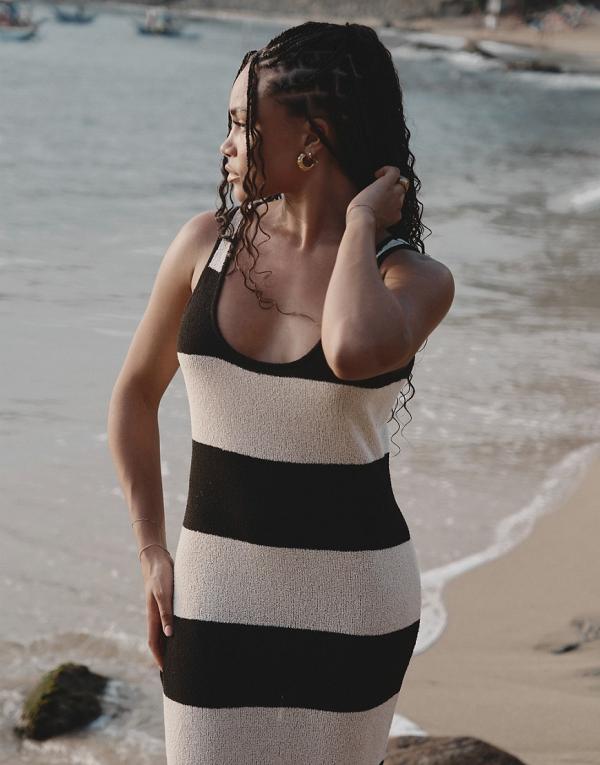 4th & Reckless x Loz Vassallo Tulum knitted stripe maxi beach dress in black and white-Multi