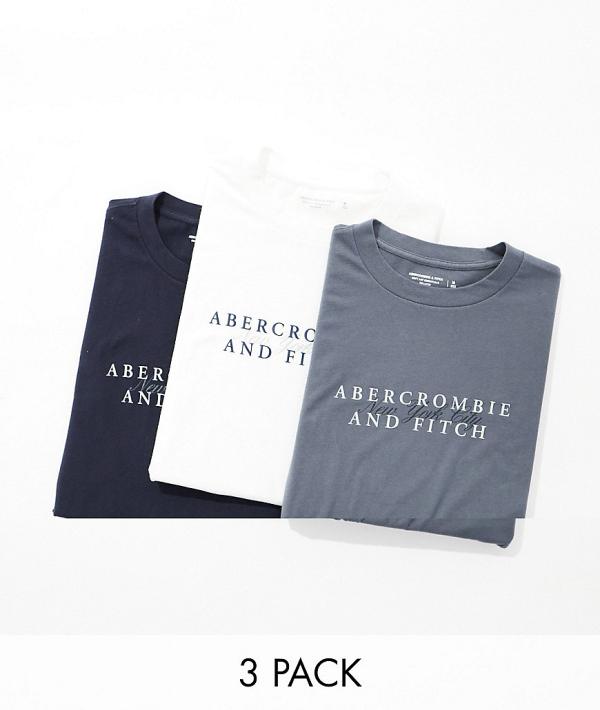 Abercrombie & Fitch 3 pack centre chest logo t-shirt in navy/grey/white-Multi