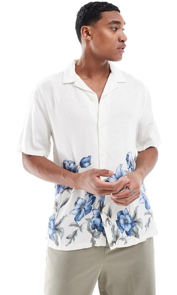 Abercrombie & Fitch blue floral print linen blend short sleeve shirt in white with revere collar