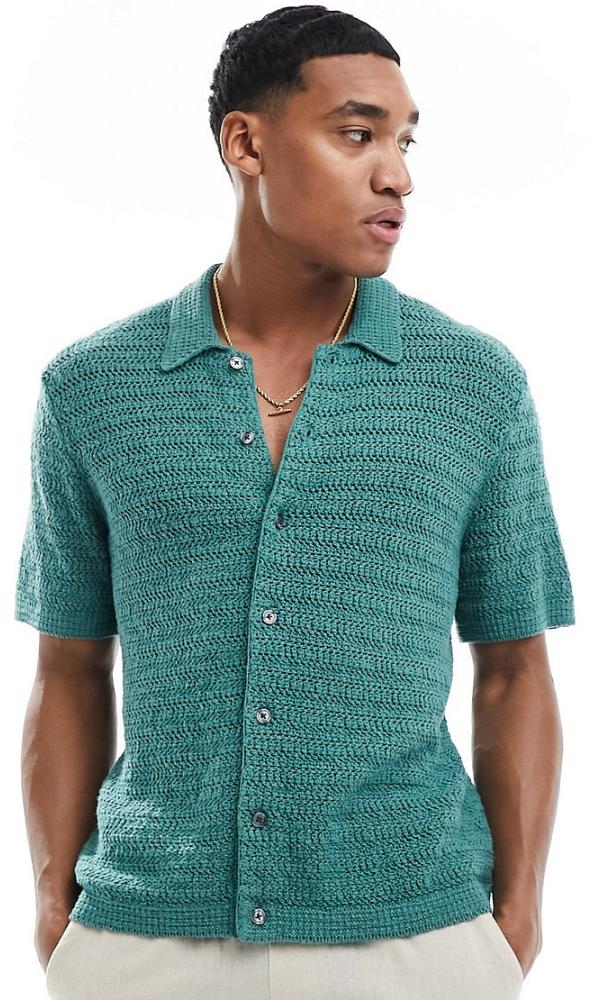 Abercrombie & Fitch crochet knit short sleeve polo shirt in dark green