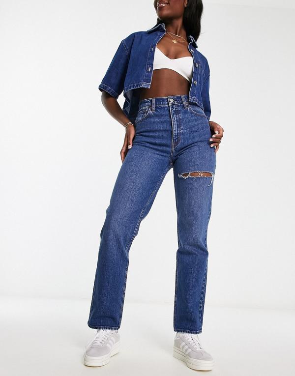 Abercrombie & Fitch Curve Love 90s straight fit jeans in dark blue with thigh slash