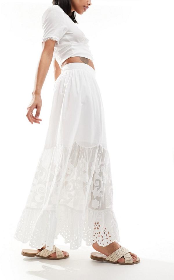 Abercrombie & Fitch eyelet tiered linen look maxi skirt in white