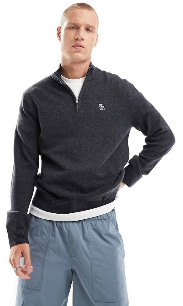 Abercrombie & Fitch icon logo merino wool knit half zip jumper in charcoal marl-Grey