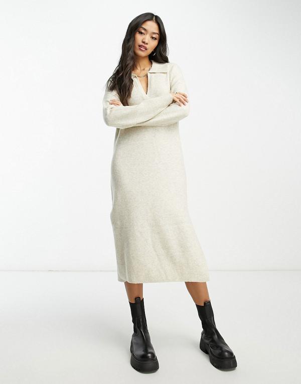 Abercrombie & Fitch long sleeve collared midi knitted dress in light grey-Neutral