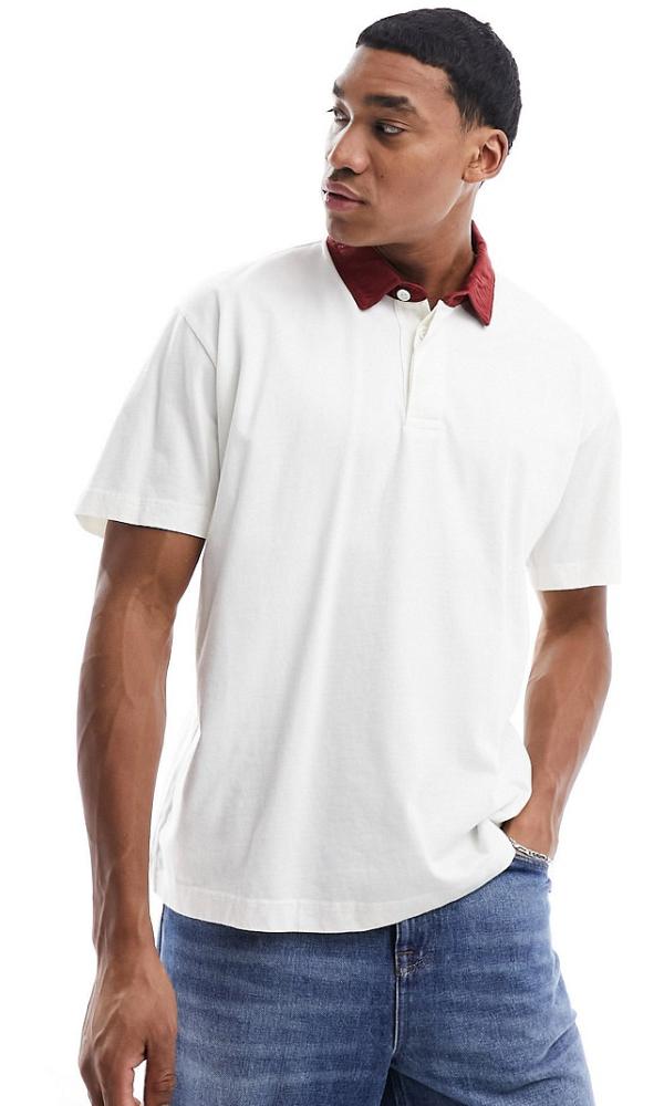 Abercrombie & Fitch oversized rugby polo shirt with contrast collar in white