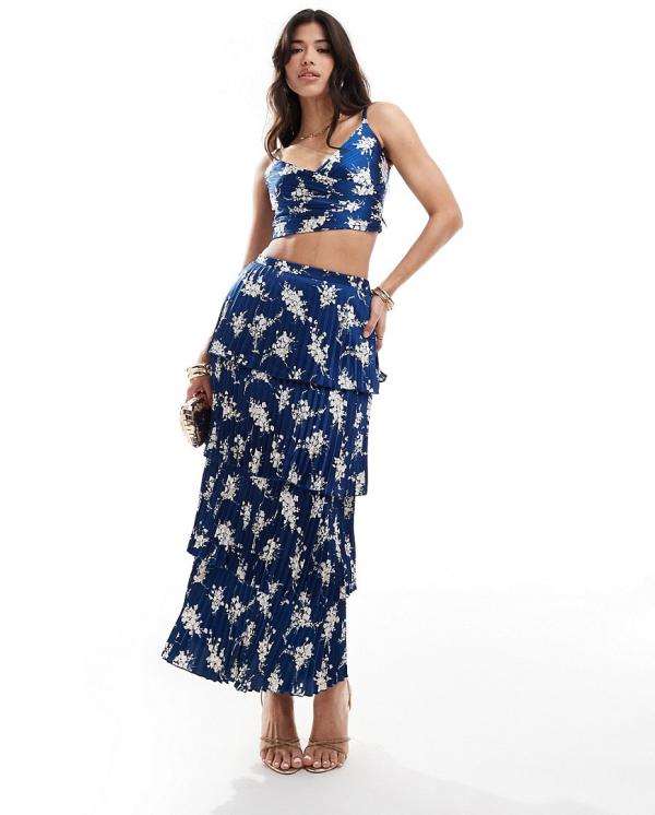 Abercrombie & Fitch tiered floral print satin maxi skirt in dark blue (part of a set)