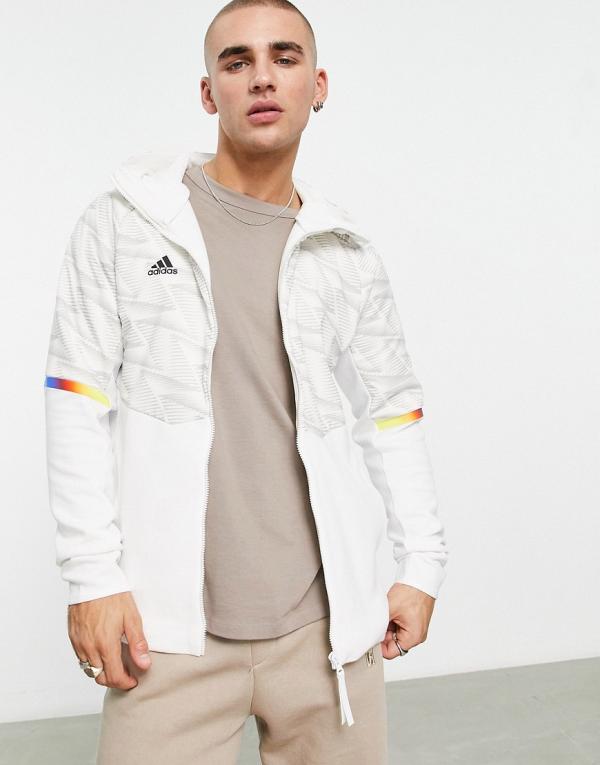 adidas Training Game Day printed full zip hoodie in white
