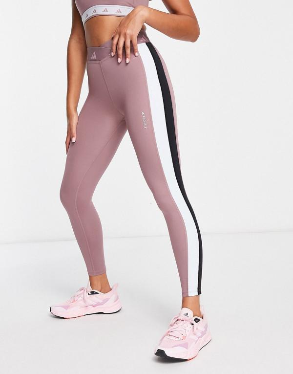 adidas Training Techfit colour block high waisted leggings in purple with black/white side stripes-Red