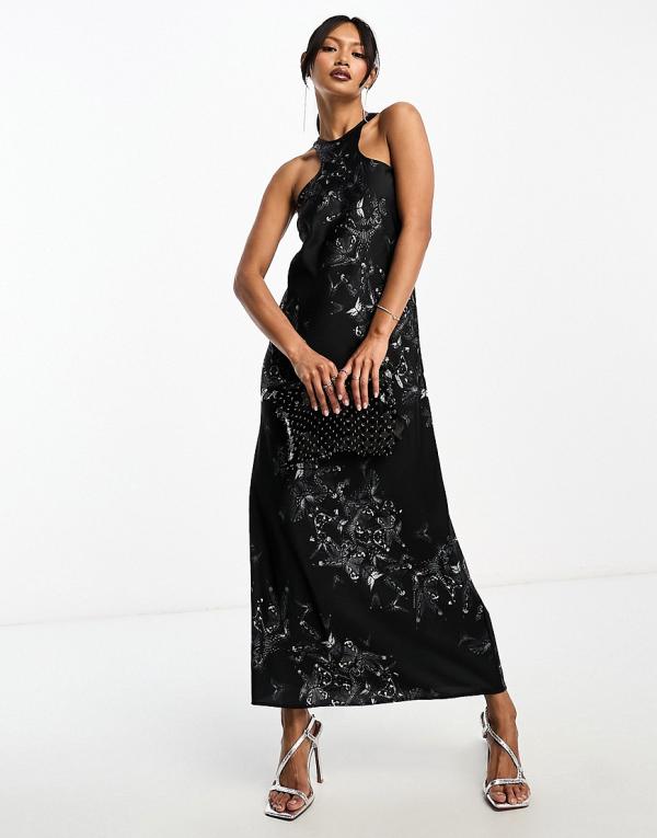 AllSaints Betina Diana printed halter maxi dress in black