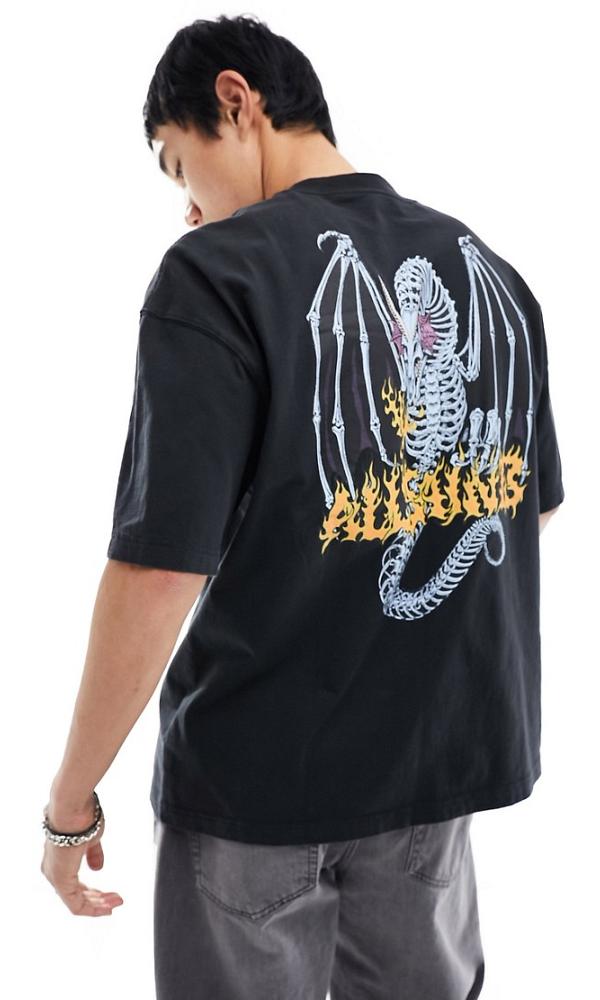 AllSaints Dragonskull graphic back print t-shirt in washed black