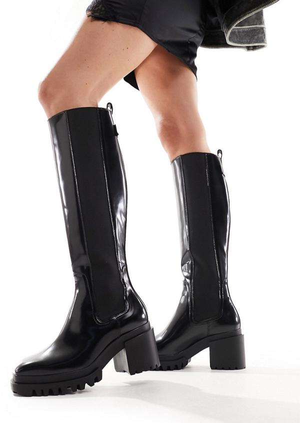 AllSaints Natalia leather knee-high heeled boots in black