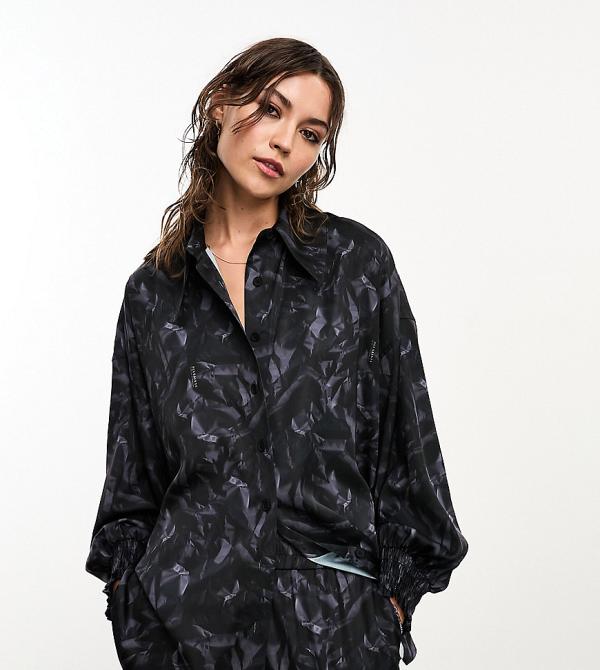 AllSaints x ASOS exclusive Charli satin shirt in black (part of a set)