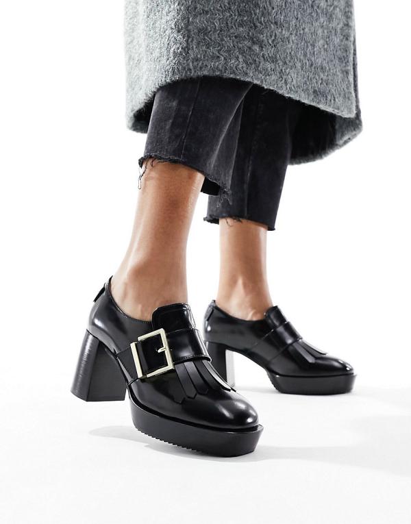 AllSaints Zia high shine leather heeled loafers in black