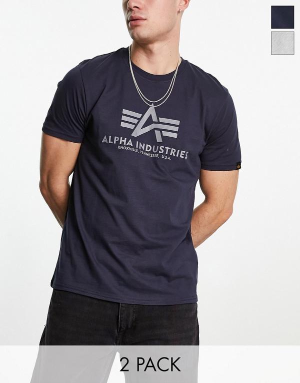 Alpha Industries 2 pack logo basic t-shirt in grey/navy-Multi