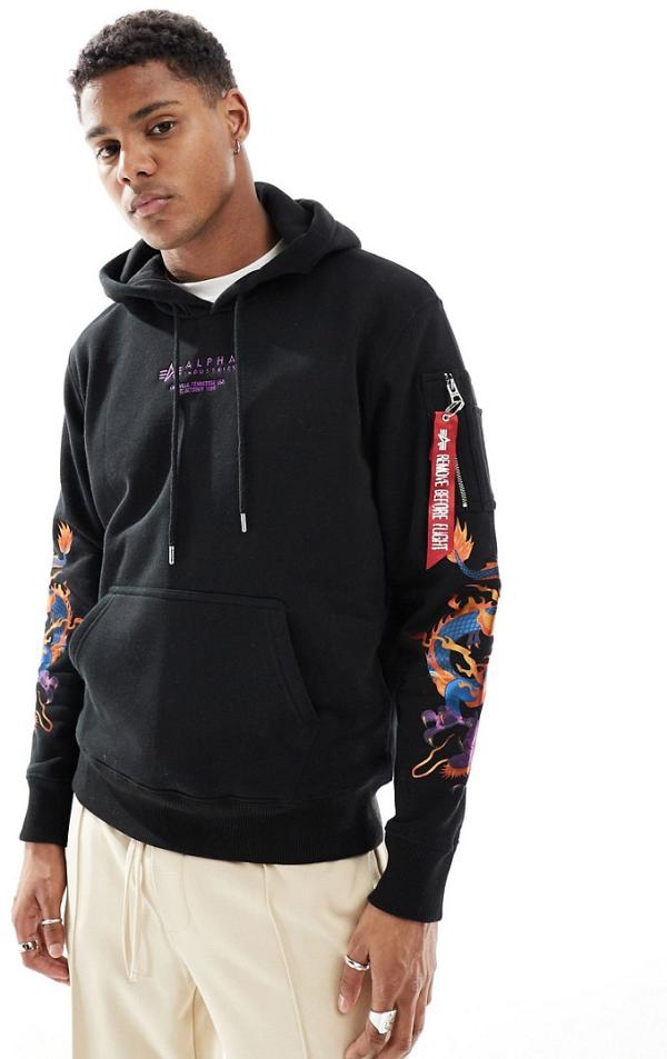 Alpha Industries dragon embroidered front and sleeve print hoodie in black