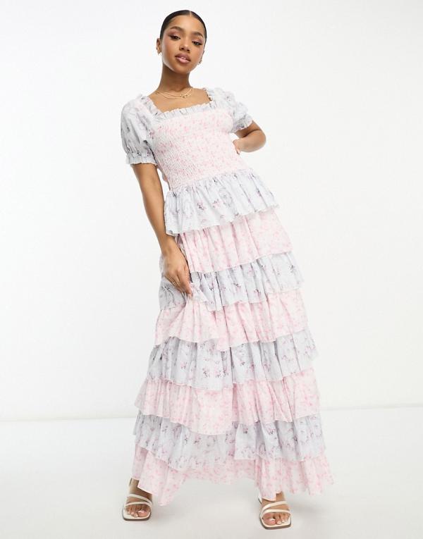 Amy Jane London Luna tiered maxi dress in pink and blue ditsy floral-Multi