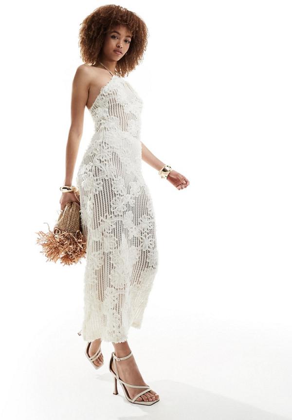 Amy Lynn halterneck floral crochet maxi dress in cream-White