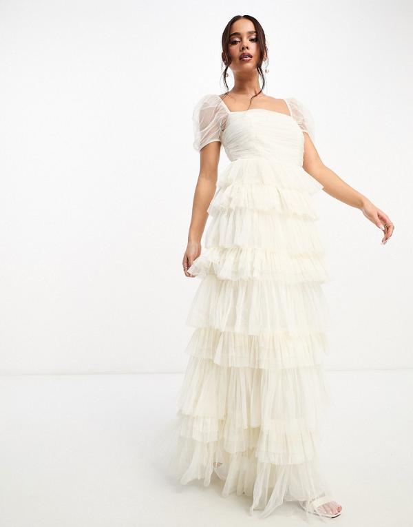 Anaya Bridal puff sleeve tiered maxi dress in ivory-White