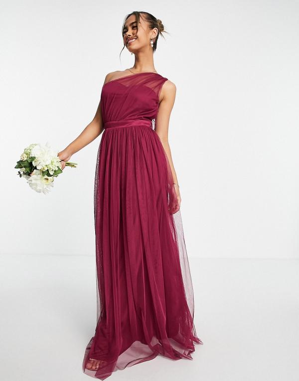 Anaya With Love Bridesmaid tulle one-shoulder maxi dress in red plum