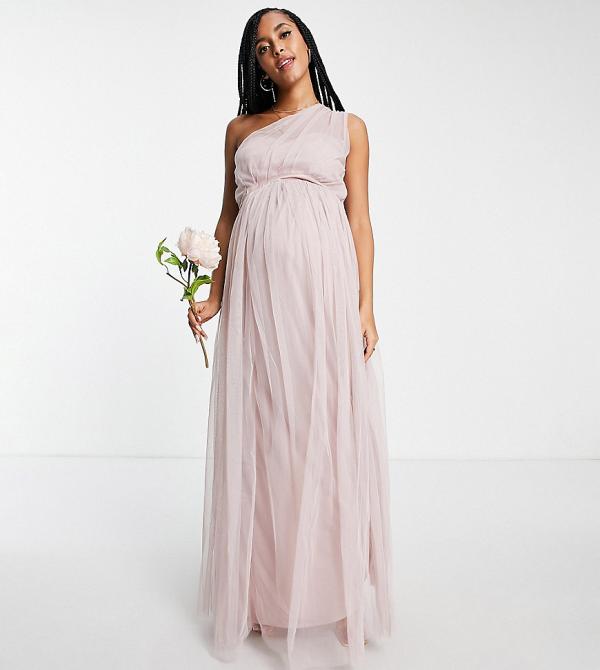 Anaya With Love Maternity Bridesmaid tulle one shoulder maxi dress in pink