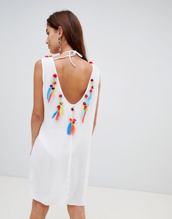 Anmol Low Back Beach Kaftan With Faux Feather and Pom Trim-White