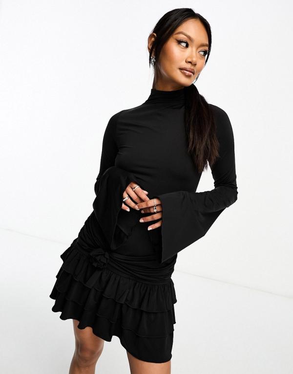 Annorlunda open back ruffle detail mini dress with corsage-Black