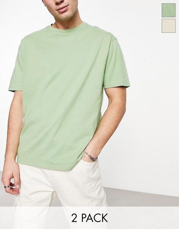 Another Influence 2 pack boxy fit t-shirts in light green & stone-Neutral