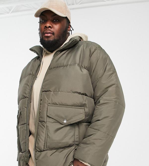 Another Influence Plus utility puffer jacket in khaki-Green