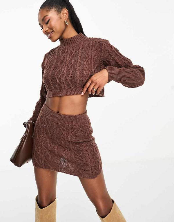 Aria Cove cable knit deep cuff cropped jumper in brown (part of a set)