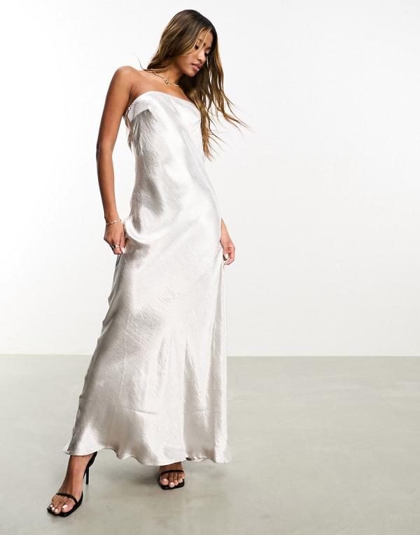 Aria Cove hammered satin bandeau open back maxi dress in silver