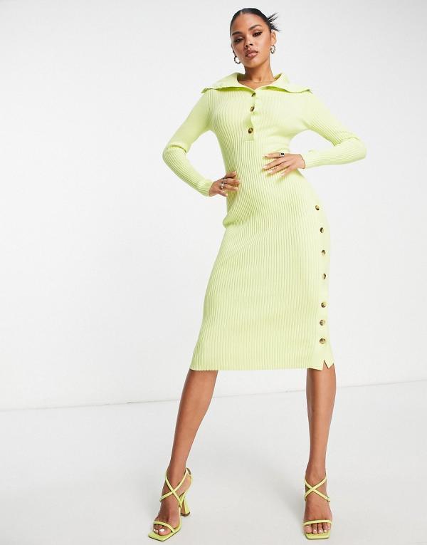 Aria Cove knitted ribbed button detail midi jumper dress in lime-Green