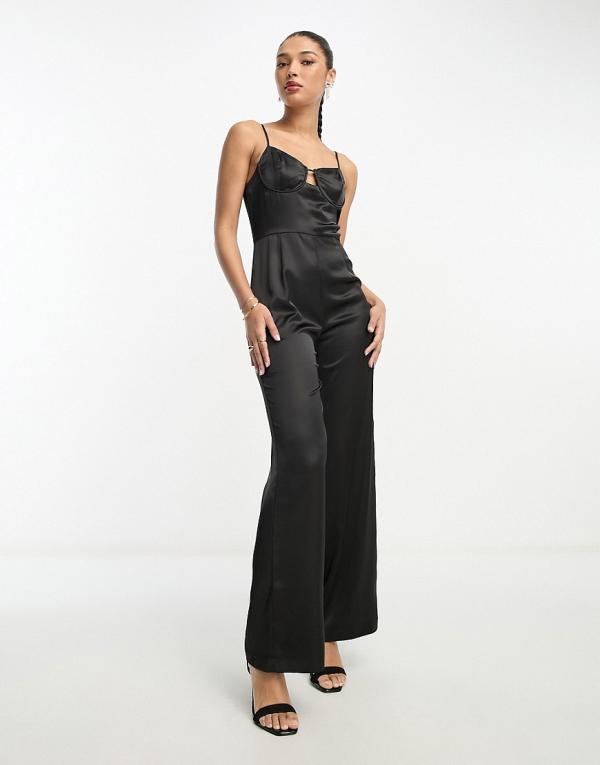 Aria Cove plunge satin cut out bust detail wide leg jumpsuit in black