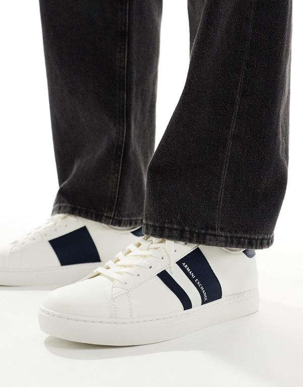 Armani Exchange side stripe logo sneakers in white/navy